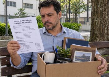 Homem confere termo de rescisão com uma caixa de objetos do escritório no colo.