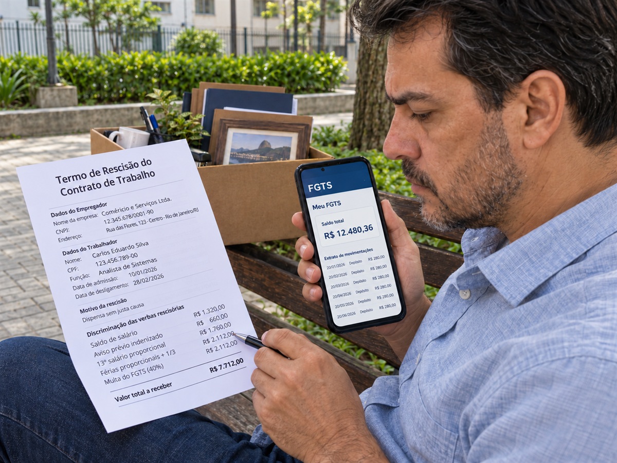 Homem compara o termo de rescisão e o saldo do FGTS no celular.