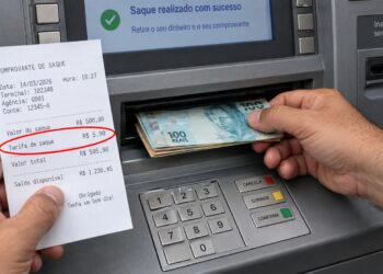 Caixa eletrônico exibe cobrança de tarifa de saque.