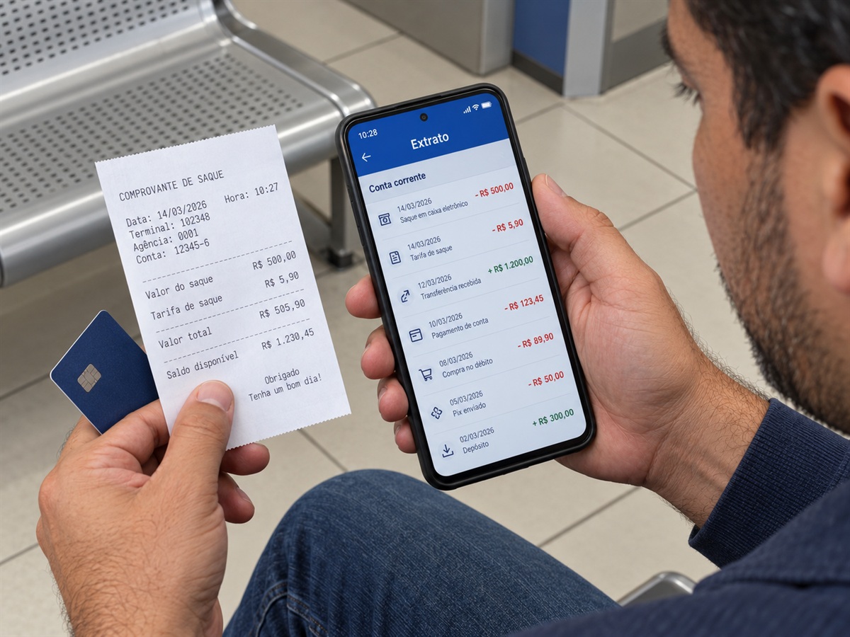 Pessoa compara as informações sobre tarifas de saque.