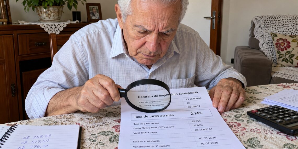 Contrato de empréstimo é examinado com uma lupa.