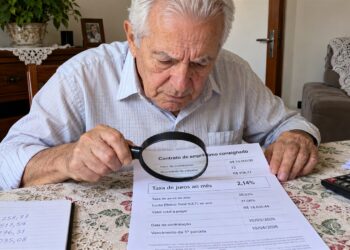 Contrato de empréstimo é examinado com uma lupa.