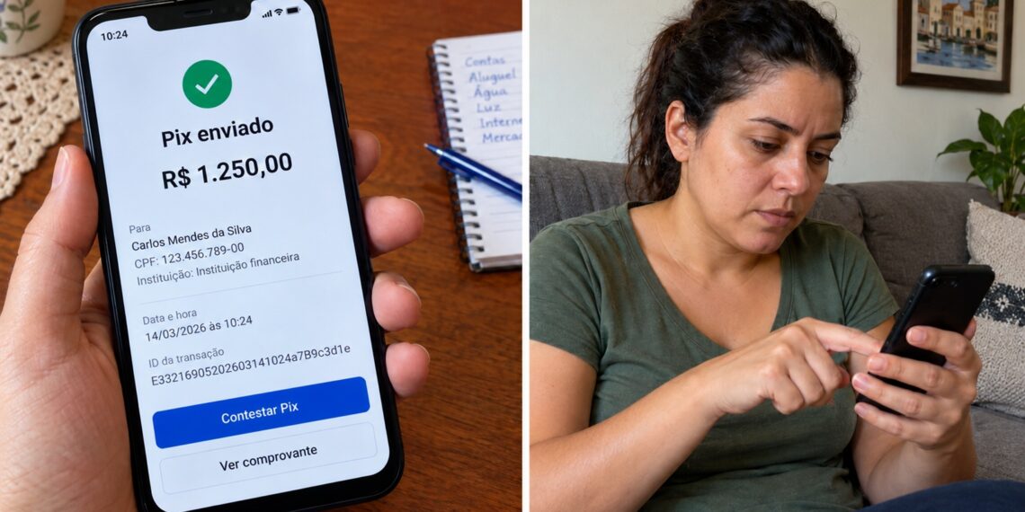 Celular mostra uma transferência Pix suspeita.