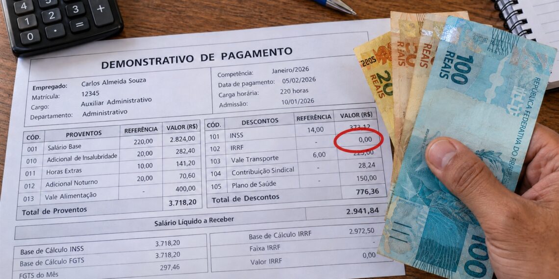 Contracheque mostra a linha de IRRF zerada.