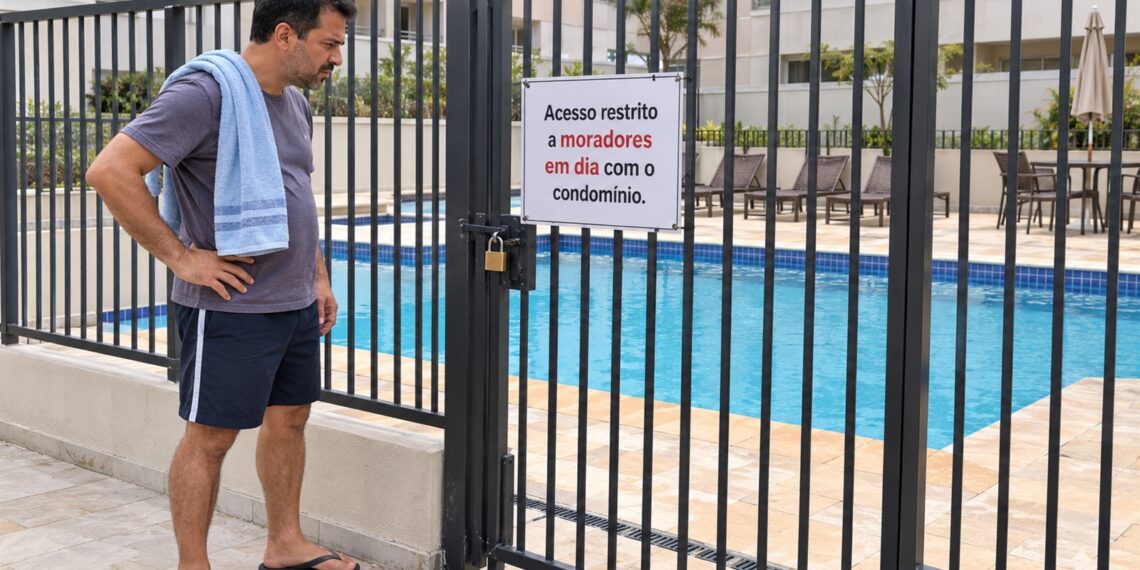 Cadeado impede o acesso à piscina do condomínio.