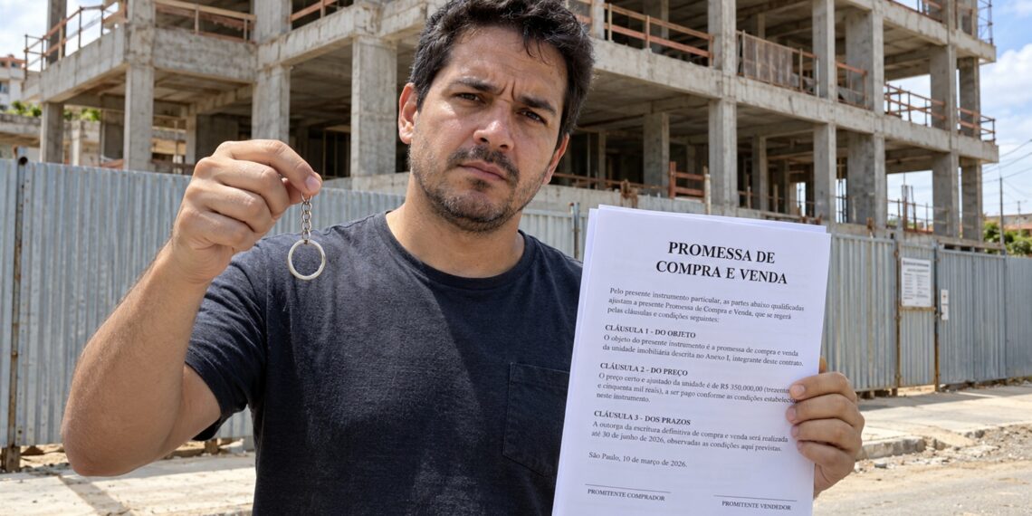 Obra inacabada e documentos de pagamento ilustram a compra de imóvel.