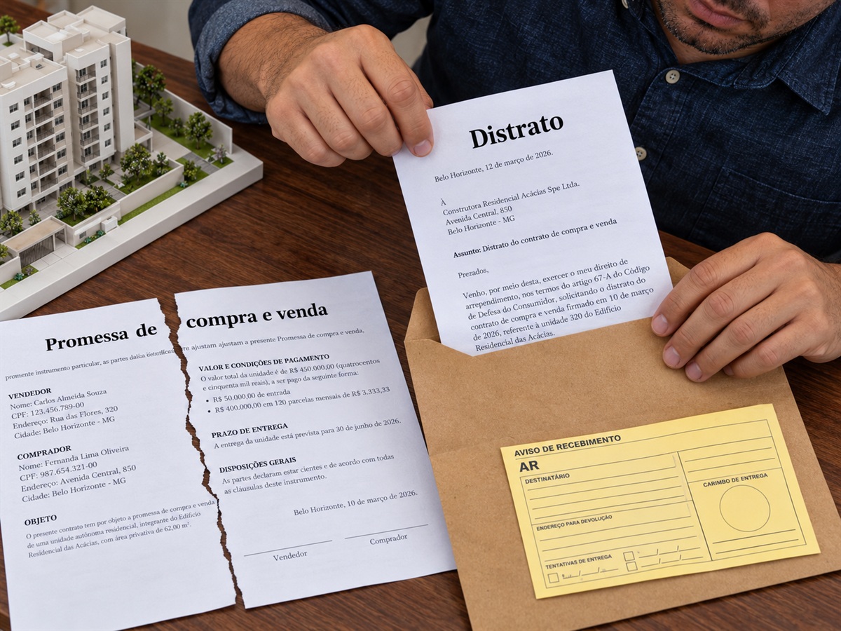 Pessoa prepara documentos de distrato e correspondência.
