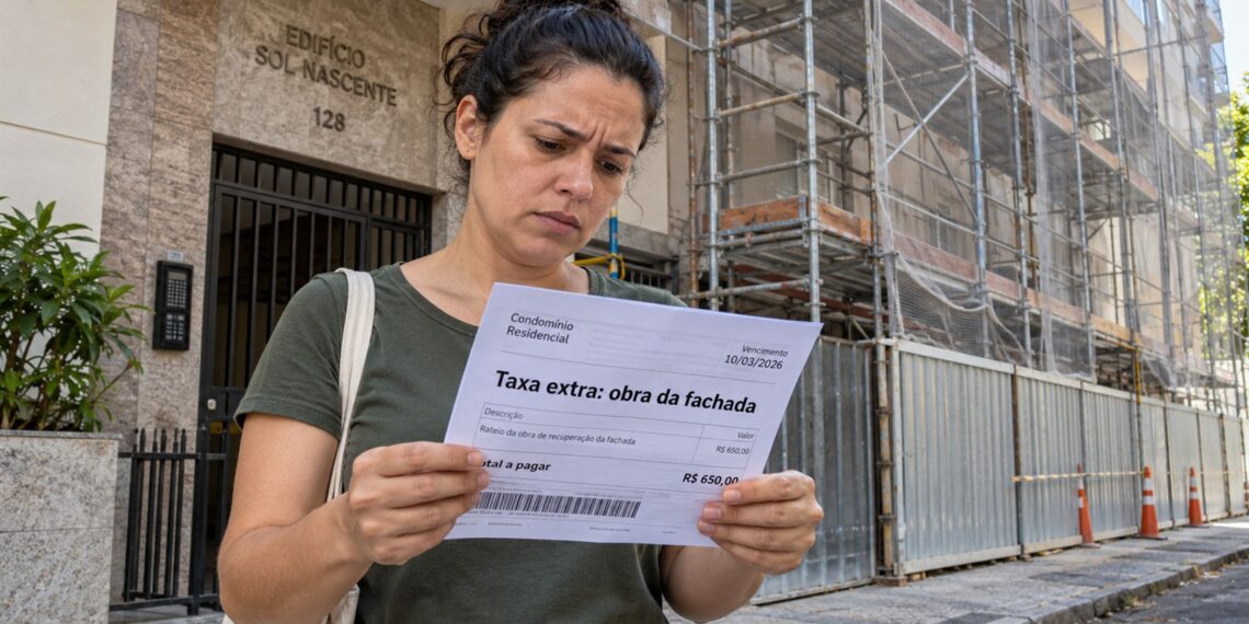 Cobrança de obra aparece diante da fachada de condomínio.