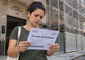 Cobrança de obra aparece diante da fachada de condomínio.