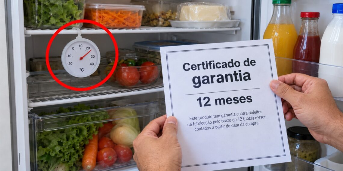Termômetro e certificado de garantia acompanham uma geladeira.