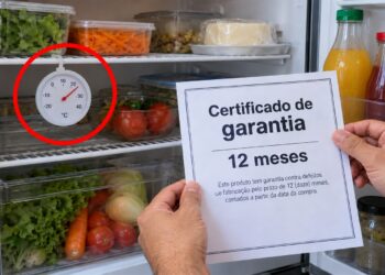 Termômetro e certificado de garantia acompanham uma geladeira.