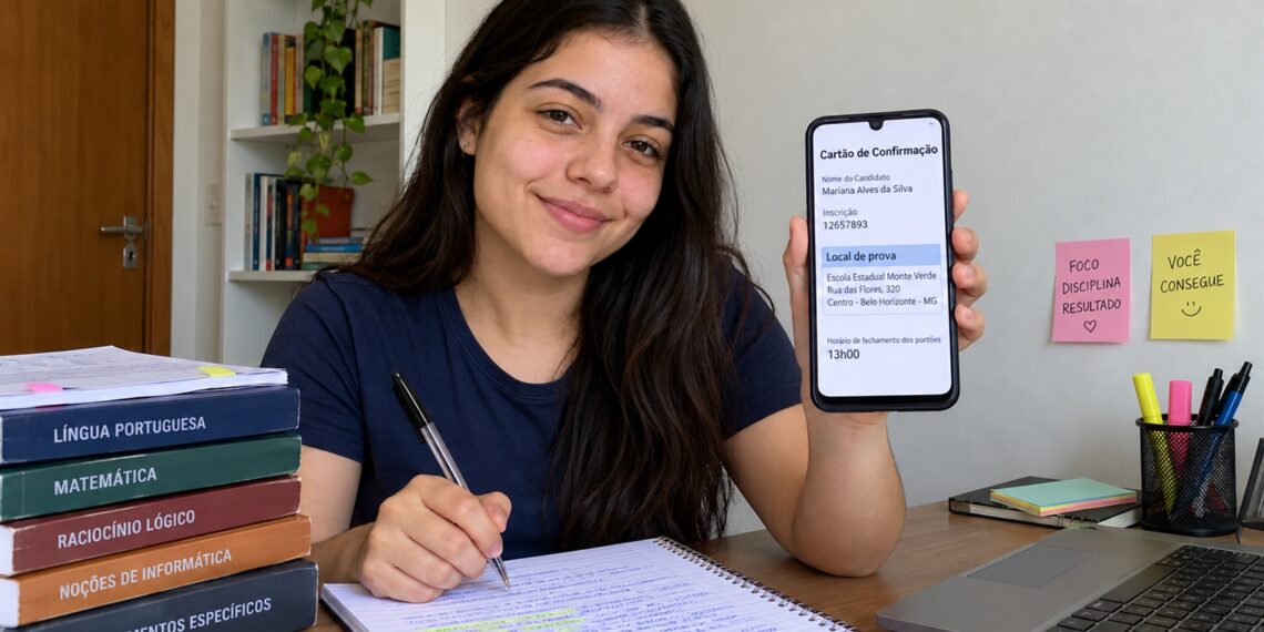 Estudante mostra o local de prova no cartão de confirmação digital.