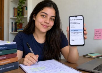 Estudante mostra o local de prova no cartão de confirmação digital.