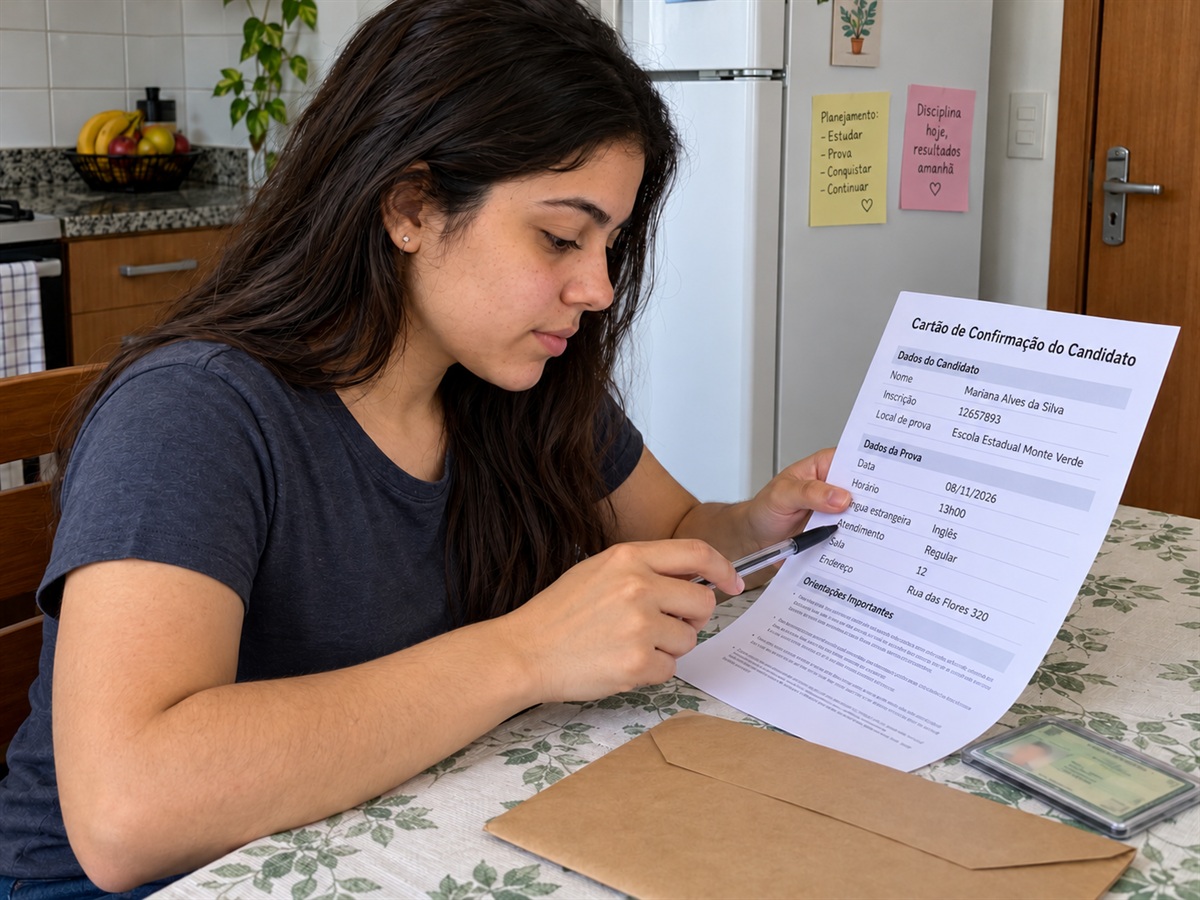 Estudante confere o cartão de confirmação impresso.