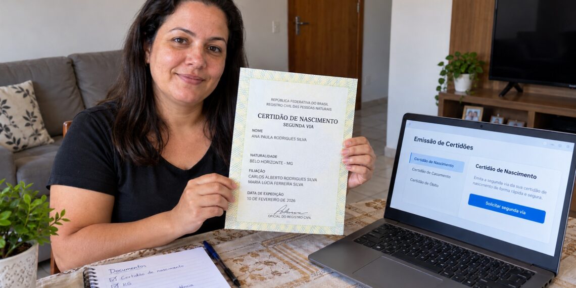 Mulher mostra segunda via da certidão de nascimento.