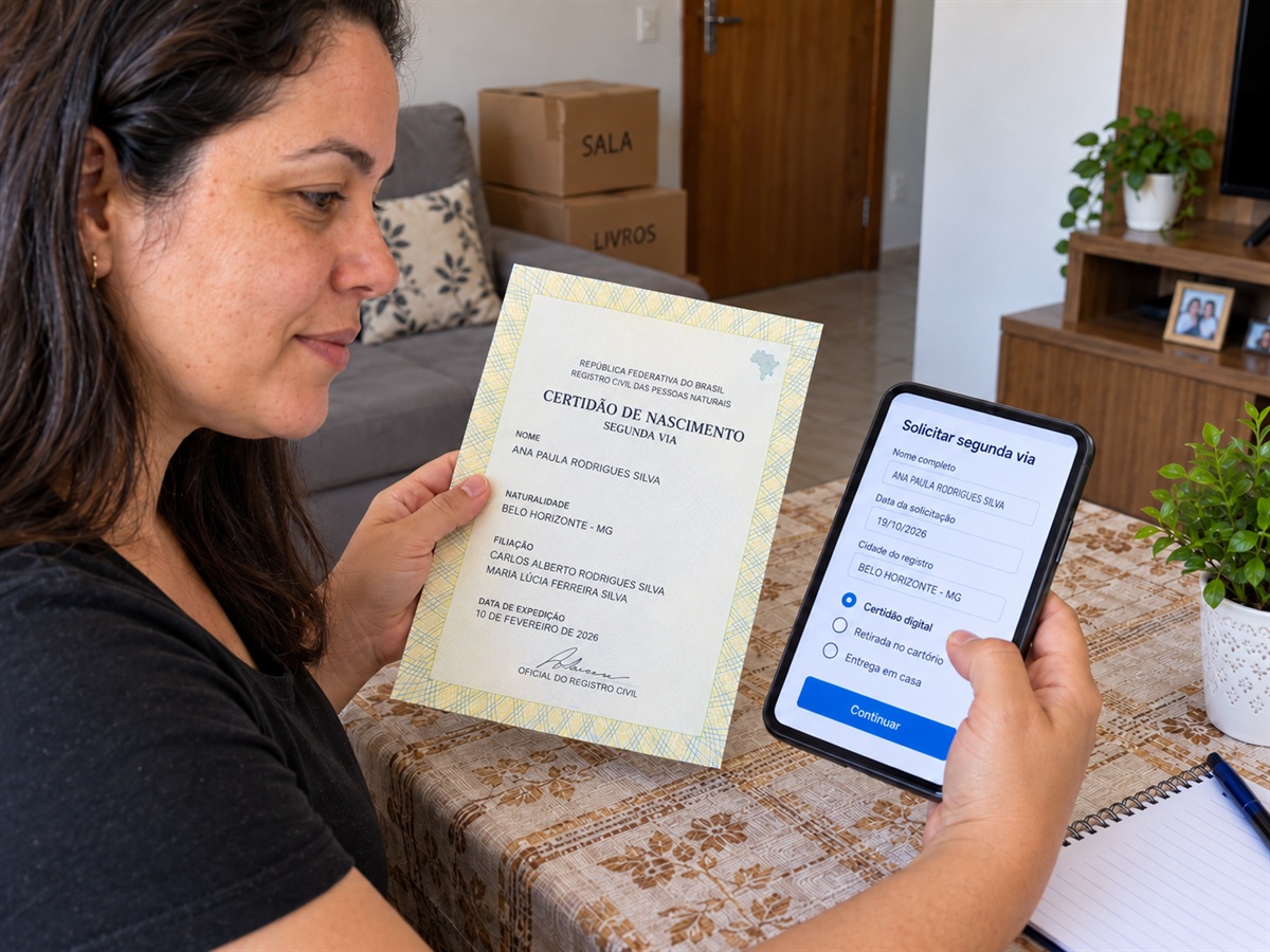 Mulher solicita uma certidão digital pelo celular.