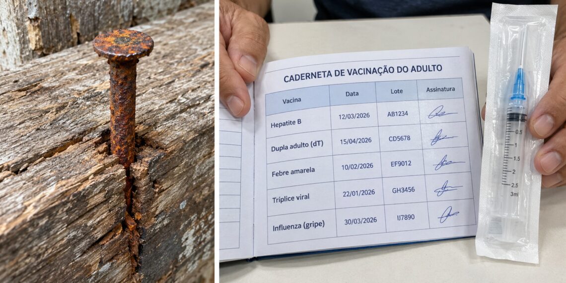 Prego e carteira de vacinação remetem à prevenção do tétano.