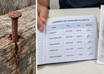 Prego e carteira de vacinação remetem à prevenção do tétano.