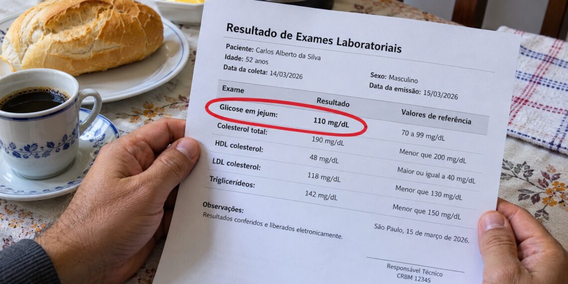 Resultado de glicemia mostra 110 mg/dL.