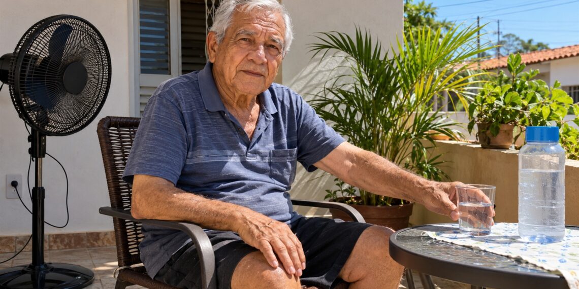 Homem idoso bebe água em um dia quente.
