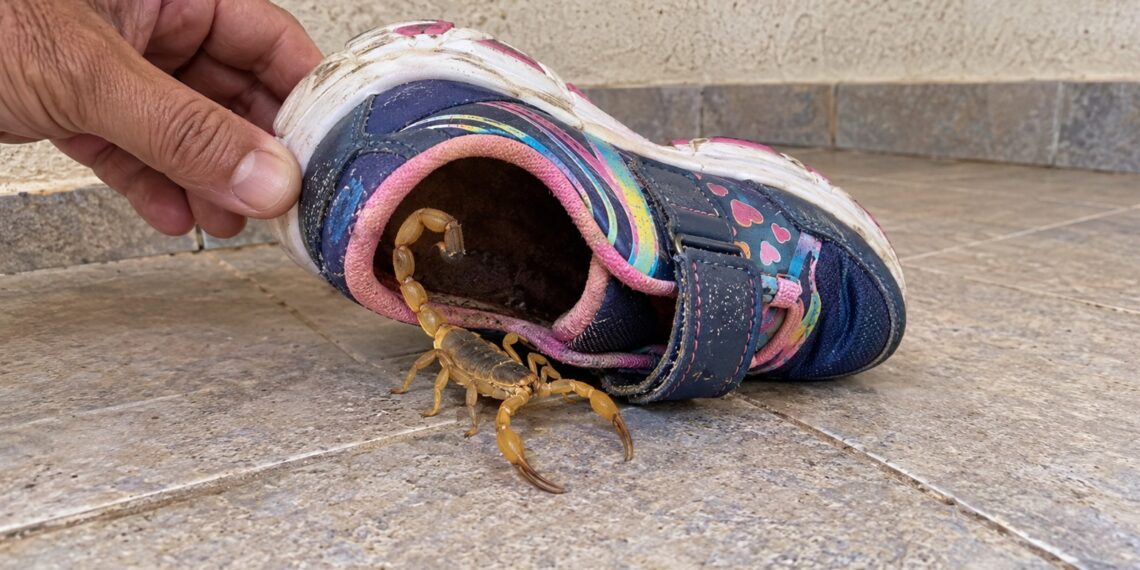 Escorpião aparece junto a um calçado.