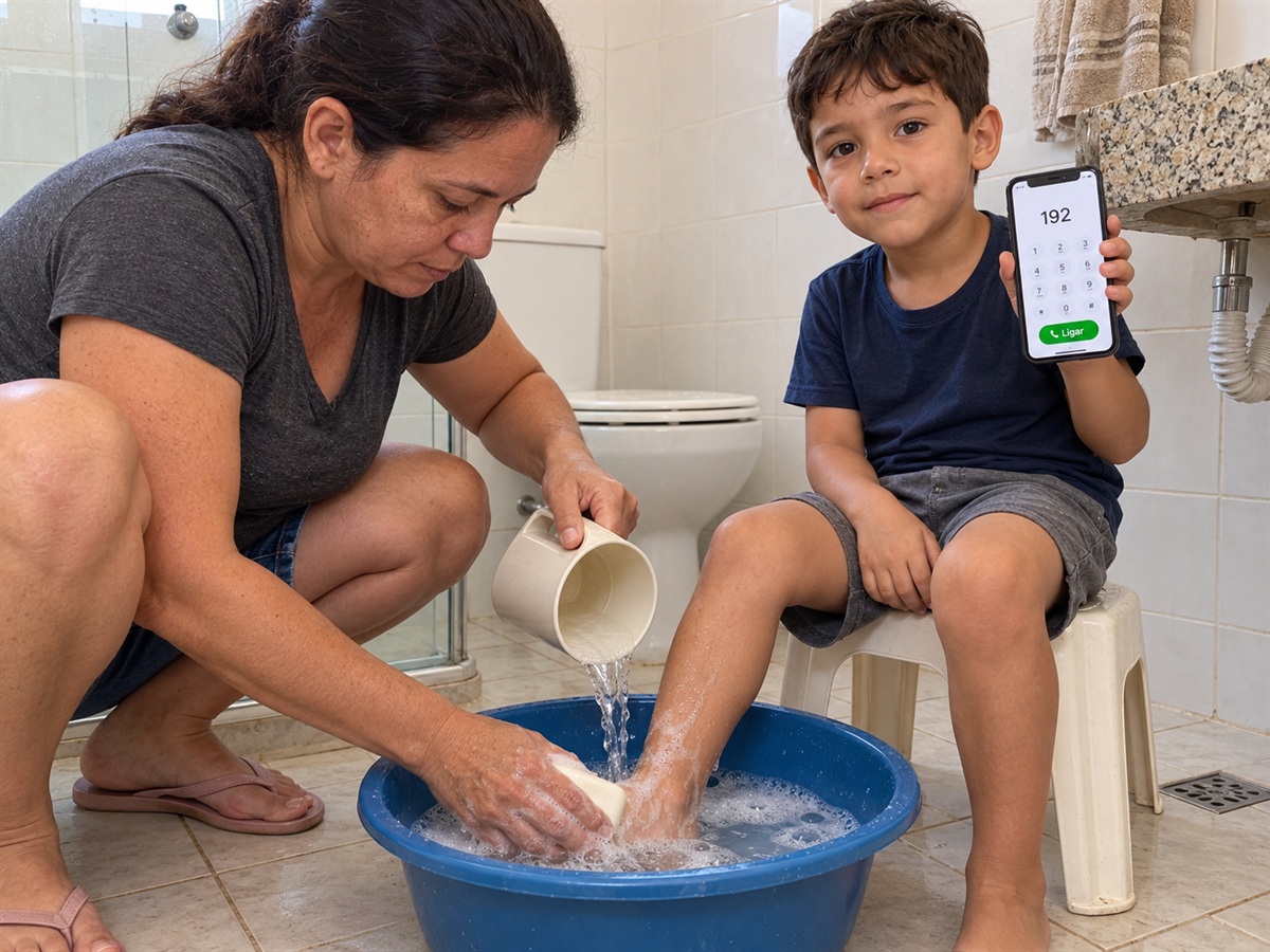 Mãe lava o pé do menino enquanto o celular mostra 192.
