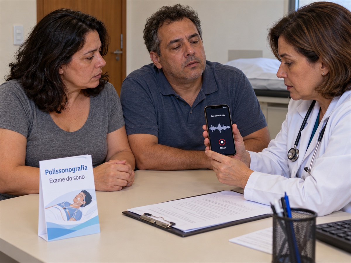 Pessoa mostra uma gravação ao médico.