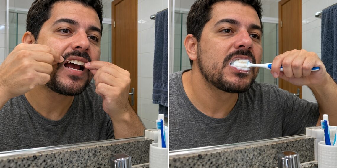Escova e fio dental ilustram os cuidados com os dentes.