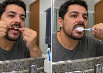 Escova e fio dental ilustram os cuidados com os dentes.