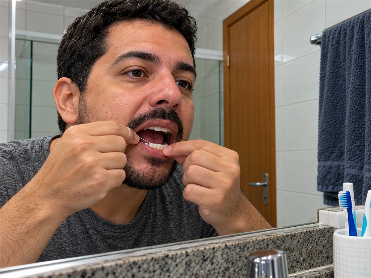 Pessoa passa fio dental entre os dentes.