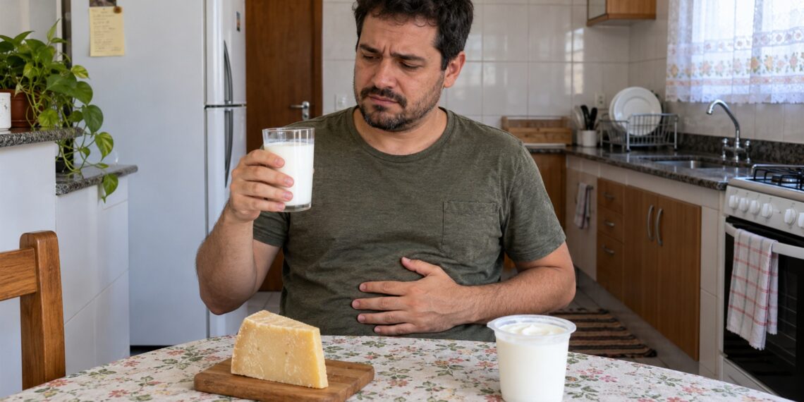 Leite e desconforto abdominal ilustram a intolerância à lactose.