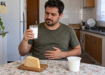 Leite e desconforto abdominal ilustram a intolerância à lactose.