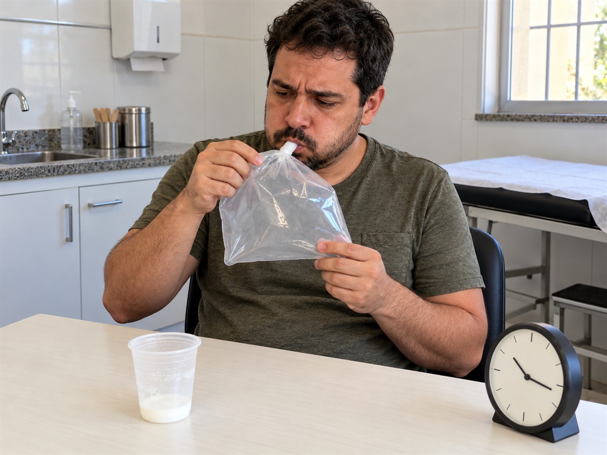 Pessoa realiza teste respiratório de hidrogênio.