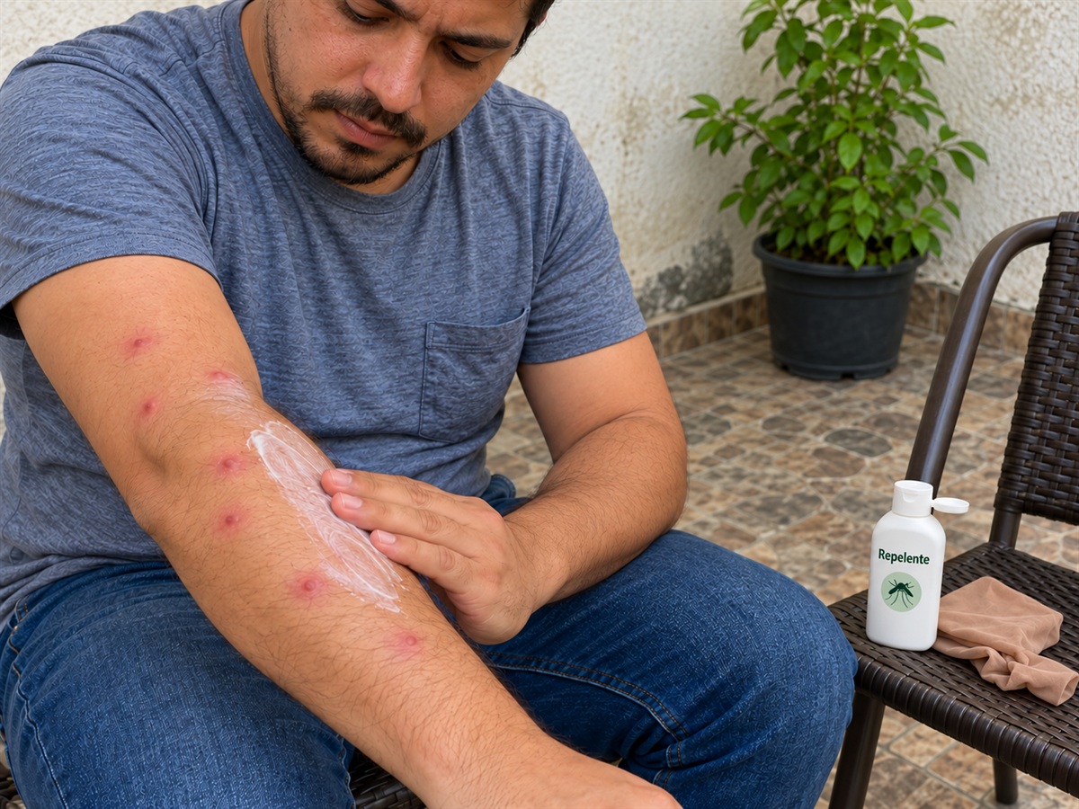Pessoa aplica repelente no braço.