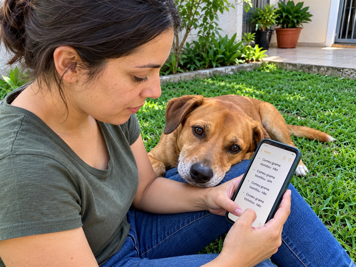 Tutor registra observações sobre o cachorro no celular.