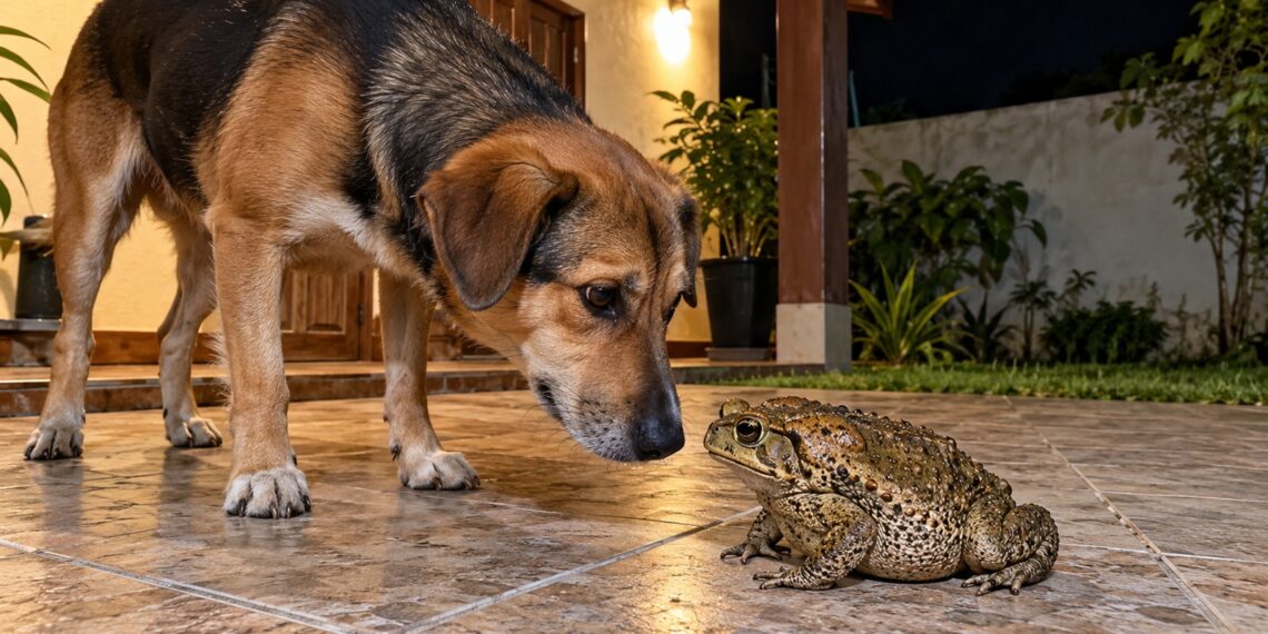 Cachorro se aproxima de um sapo à noite.