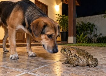 Cachorro se aproxima de um sapo à noite.