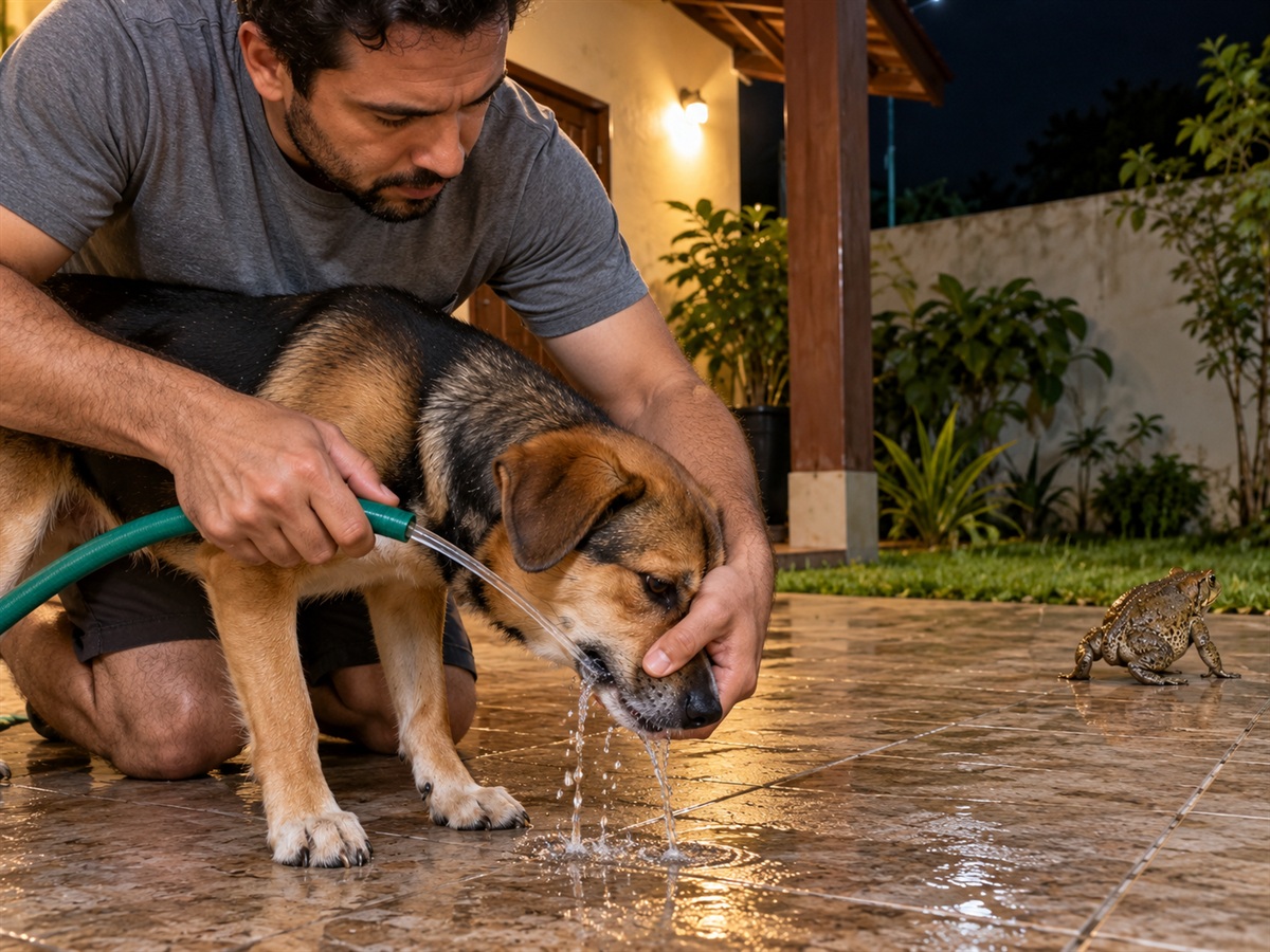 Tutor enxágua a boca do cachorro com a cabeça inclinada.