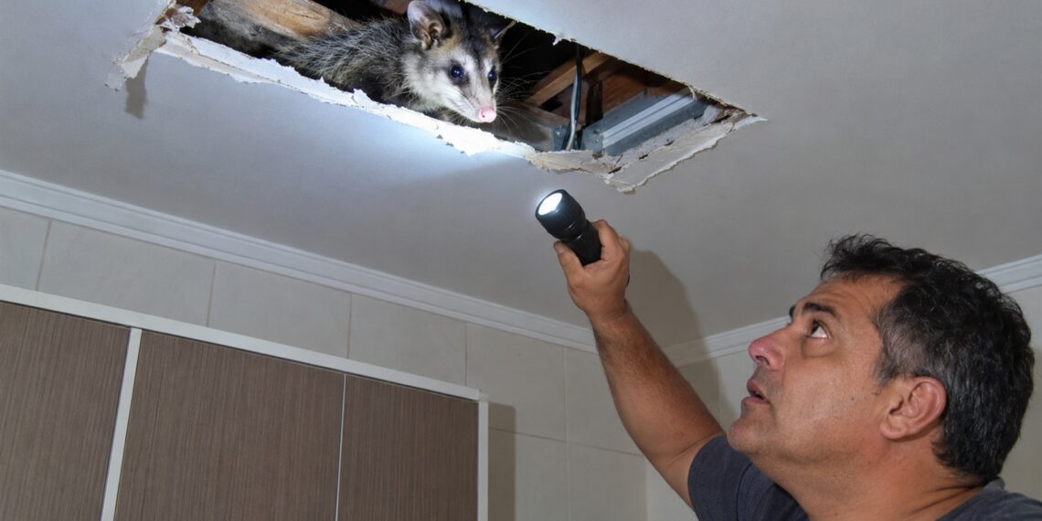 Gambá aparece junto ao telhado de uma casa.