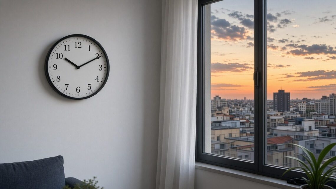 Relógio de parede analógico numa sala ao entardecer, ao lado de uma janela com o céu de verão