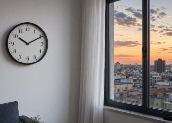 Relógio de parede analógico numa sala ao entardecer, ao lado de uma janela com o céu de verão
