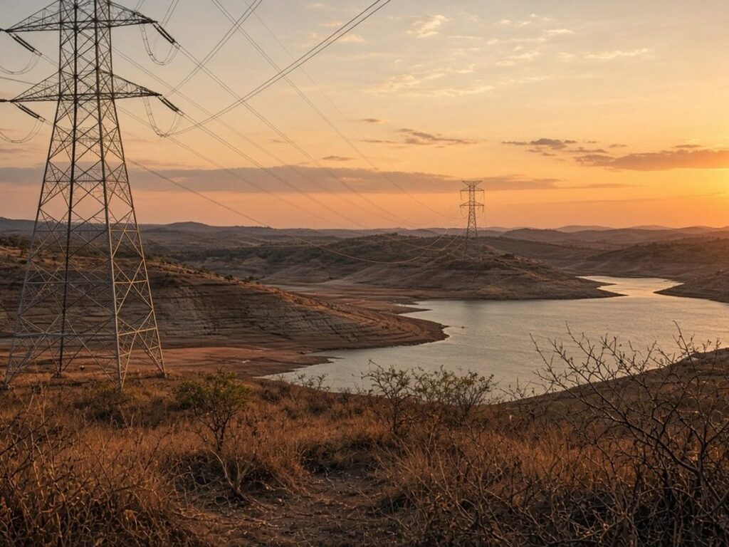 Torres de transmissão de energia em área seca, com um reservatório de hidrelétrica de nível baixo ao fundo
