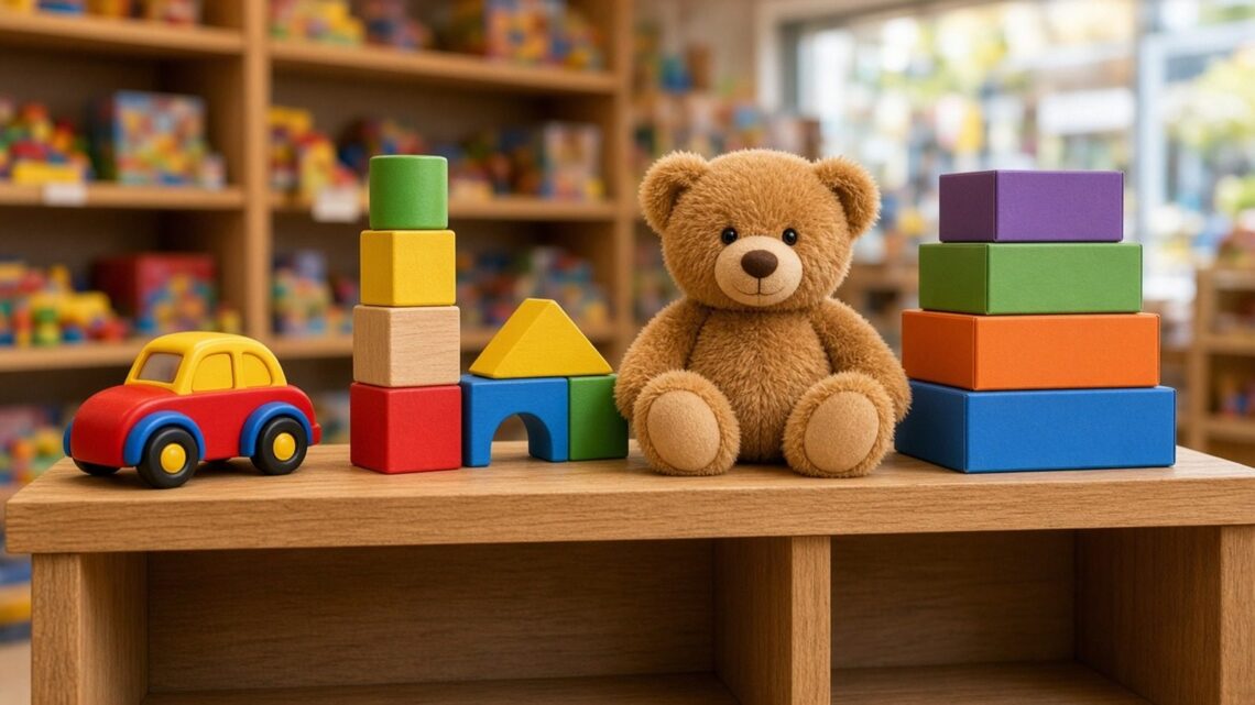 Brinquedos coloridos, como blocos de madeira, urso de pelúcia e carrinho, numa prateleira de loja