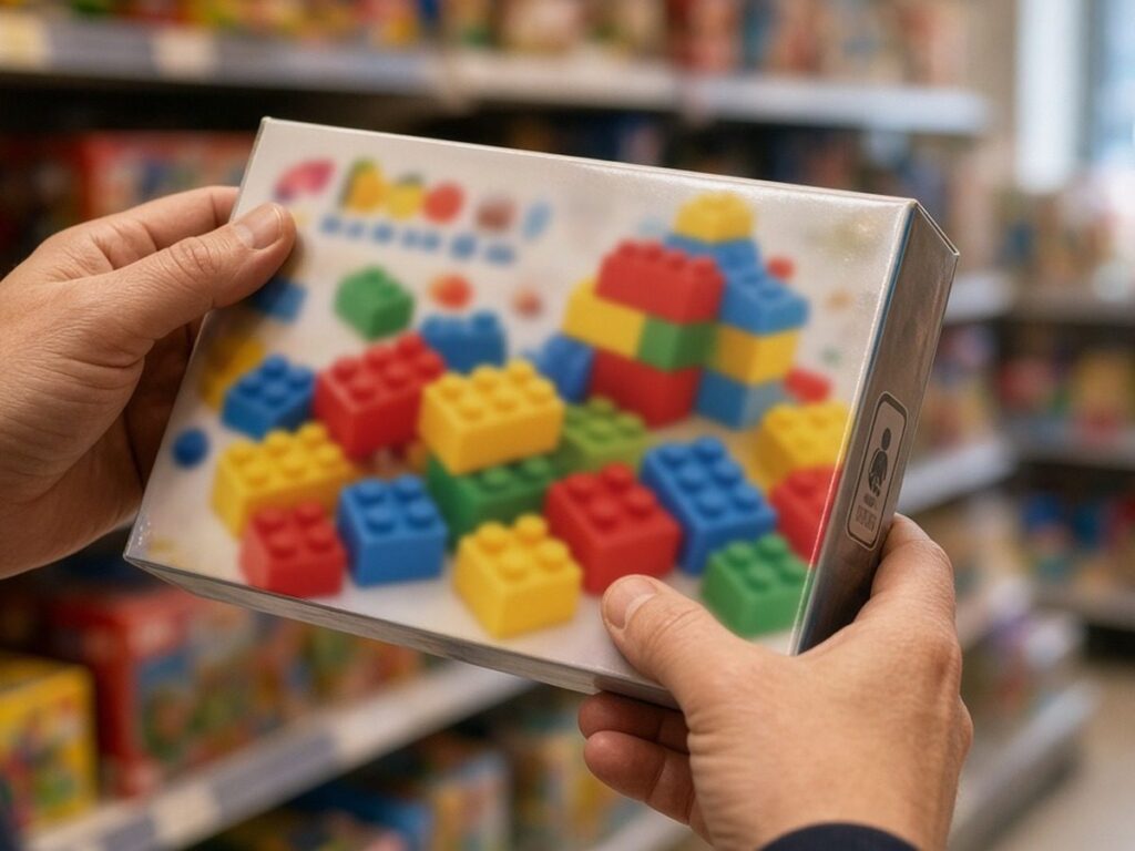 Mãos de um adulto virando a caixa de um brinquedo para conferir a embalagem na loja