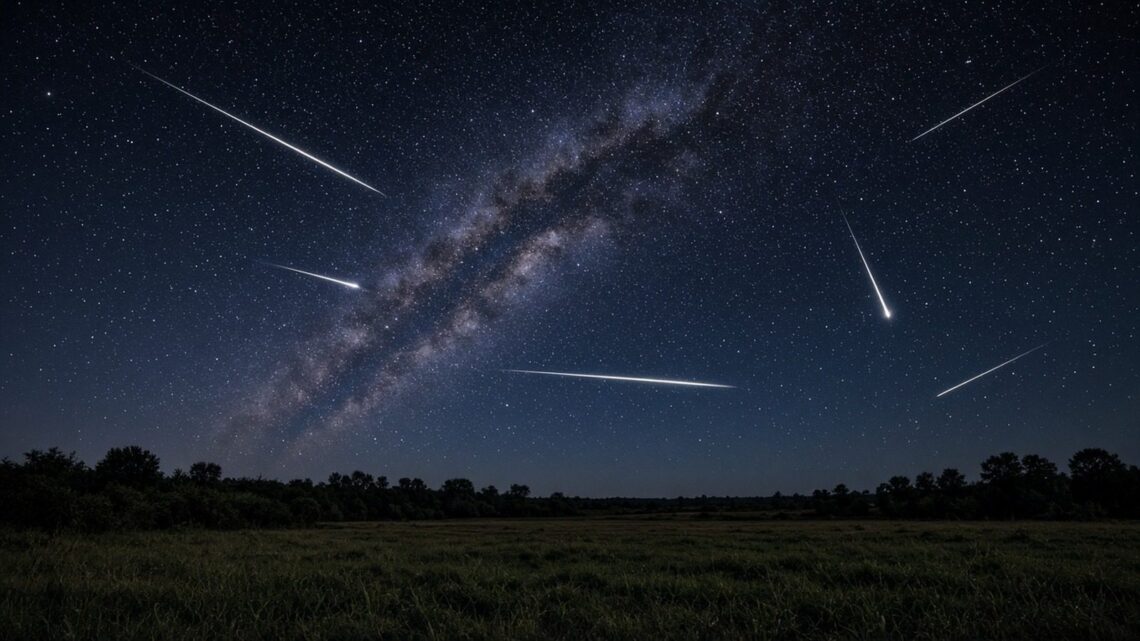 Céu estrelado sobre um campo aberto, com riscos de meteoros cruzando a noite