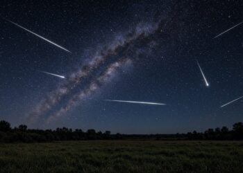 Céu estrelado sobre um campo aberto, com riscos de meteoros cruzando a noite