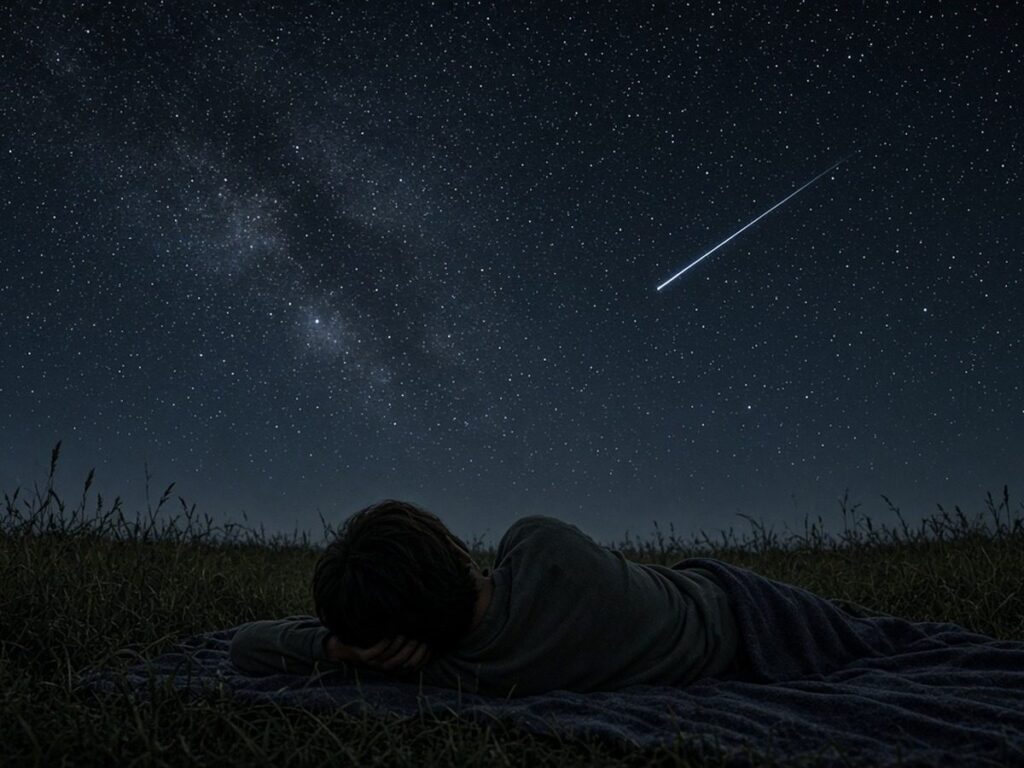 Pessoa deitada num campo à noite, olhando o céu estrelado