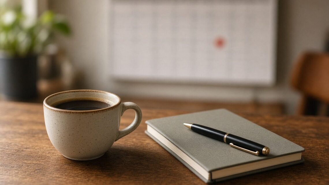 Xícara de café e caderno sobre a mesa, com um calendário desfocado ao fundo