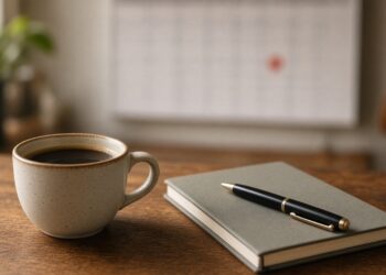Xícara de café e caderno sobre a mesa, com um calendário desfocado ao fundo