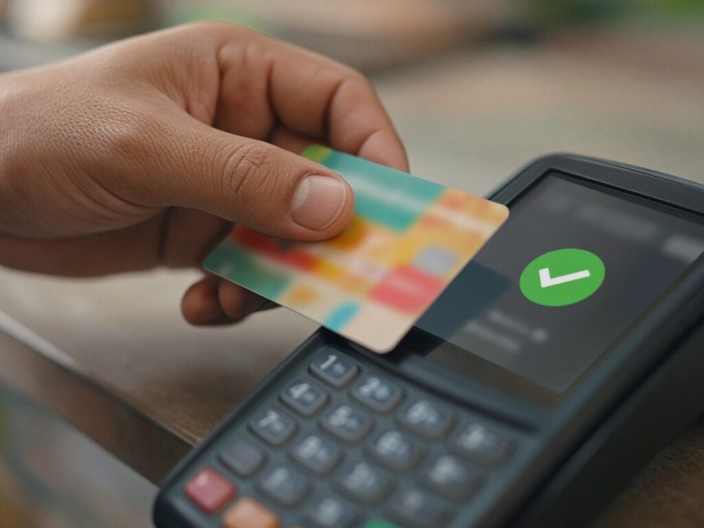 Mão aproximando um cartão de benefício de uma maquininha no balcão de um restaurante